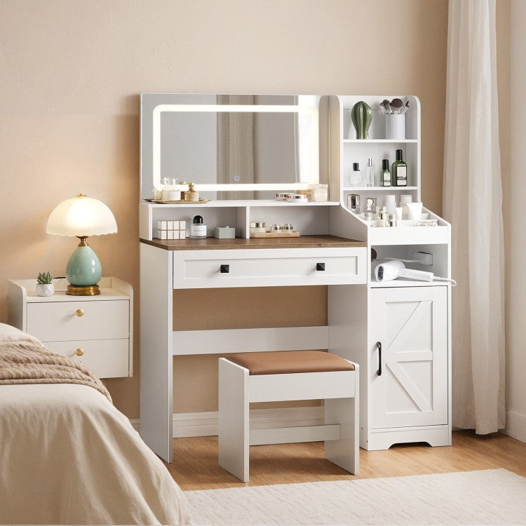 HOOBRO White Vanity Desk with Mirror and Lights, Farmhouse Vanity Makeup Desk with Charging Station, 41.5" Makeup Vanity Desk with Lighted Mirror, Power Outlet, Vanity Mirror with Lights Desk