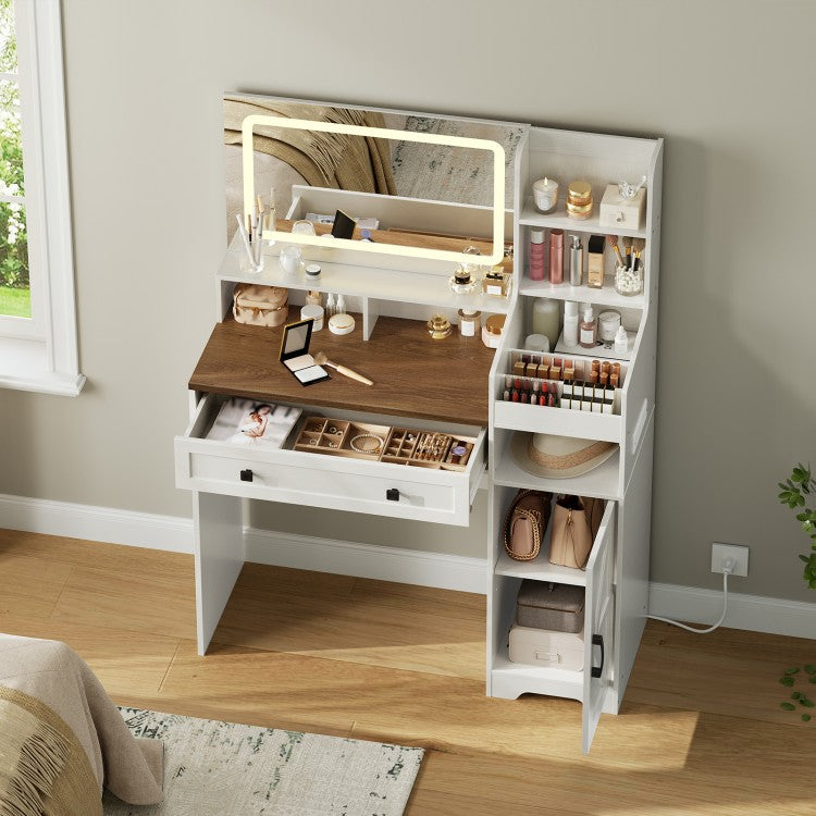 HOOBRO White Vanity Desk with Mirror and Lights, Farmhouse Vanity Makeup Desk with Charging Station, 41.5" Makeup Vanity Desk with Lighted Mirror, Power Outlet, Vanity Mirror with Lights Desk