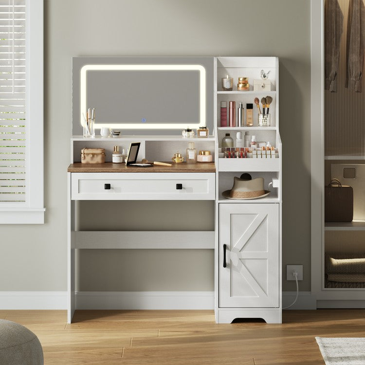 HOOBRO White Vanity Desk with Mirror and Lights, Farmhouse Vanity Makeup Desk with Charging Station, 41.5" Makeup Vanity Desk with Lighted Mirror, Power Outlet, Vanity Mirror with Lights Desk