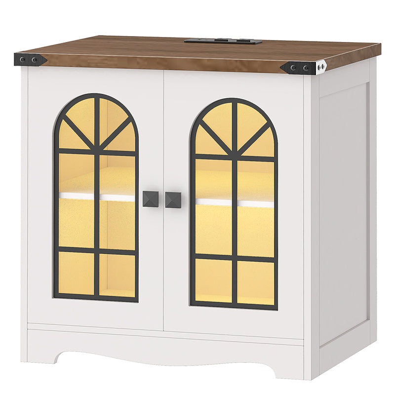 HOOBRO Farmhouse End Table, 23.6" Large Square Side Tables with Charging Station and LED Lights, Large End Table for Living Room, Wooden Nightstand with Glass Barn Door