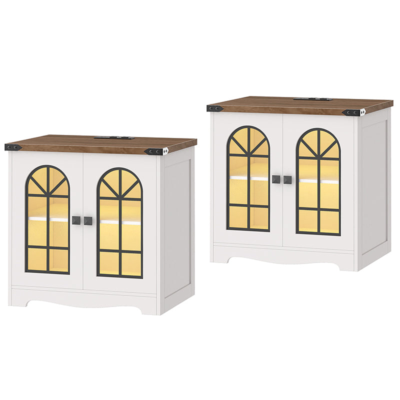 HOOBRO Farmhouse End Table, 23.6" Large Square Side Tables with Charging Station and LED Lights, Large End Table for Living Room, Wooden Nightstand with Glass Barn Door