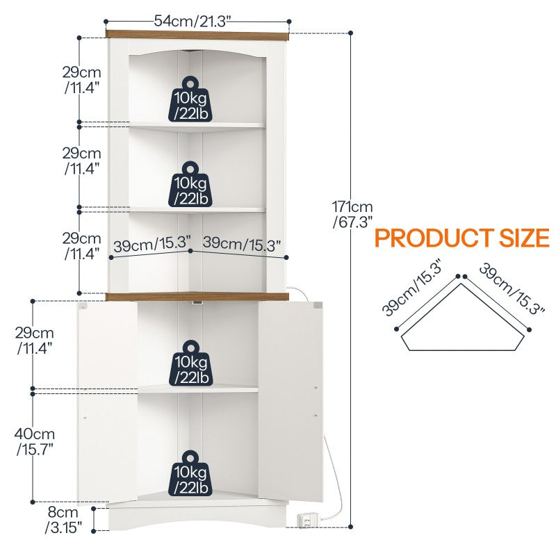 HOOBRO Corner Cabinet with LED Lights, 67" Tall Farmhouse Corner Storage Cabinet with Doors, 5-Tier Corner Shelf Bookcase, Bathroom Hutch, for Living Room, Kitchen