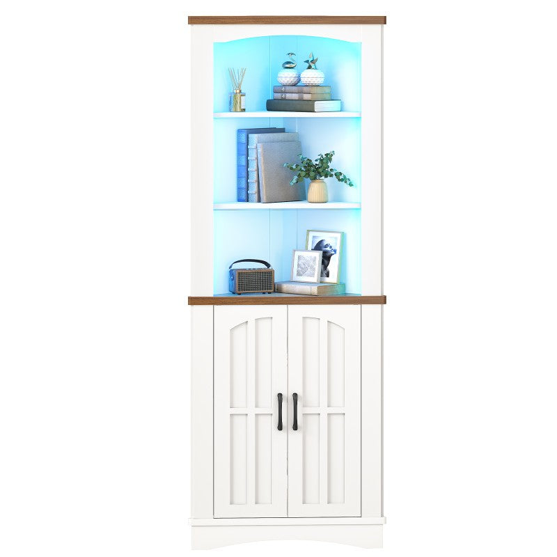 HOOBRO Corner Cabinet with LED Lights, 67" Tall Farmhouse Corner Storage Cabinet with Doors, 5-Tier Corner Shelf Bookcase, Bathroom Hutch, for Living Room, Kitchen