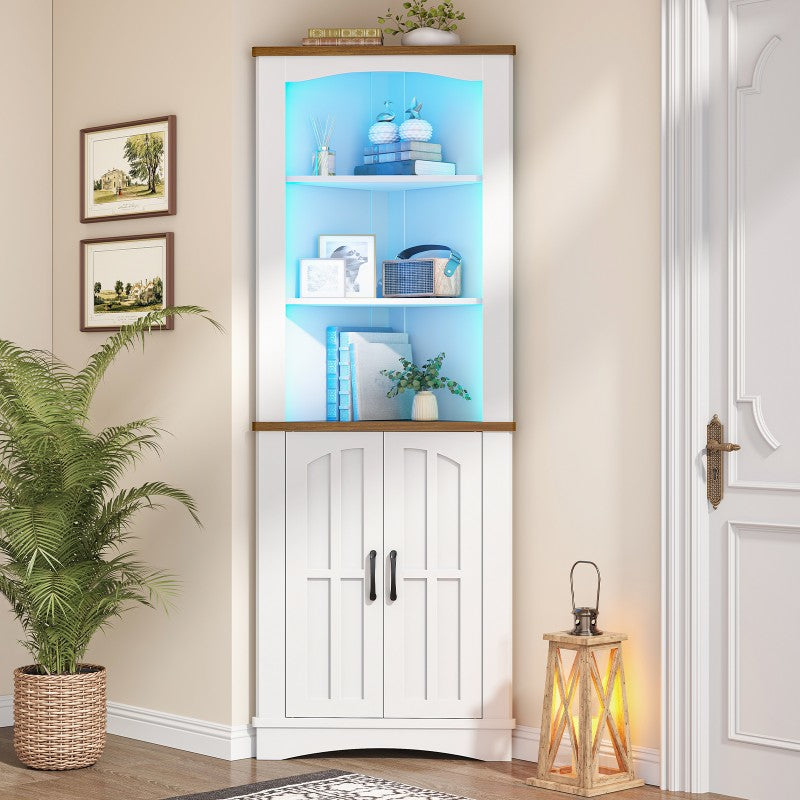HOOBRO Corner Cabinet with LED Lights, 67" Tall Farmhouse Corner Storage Cabinet with Doors, 5-Tier Corner Shelf Bookcase, Bathroom Hutch, for Living Room, Kitchen