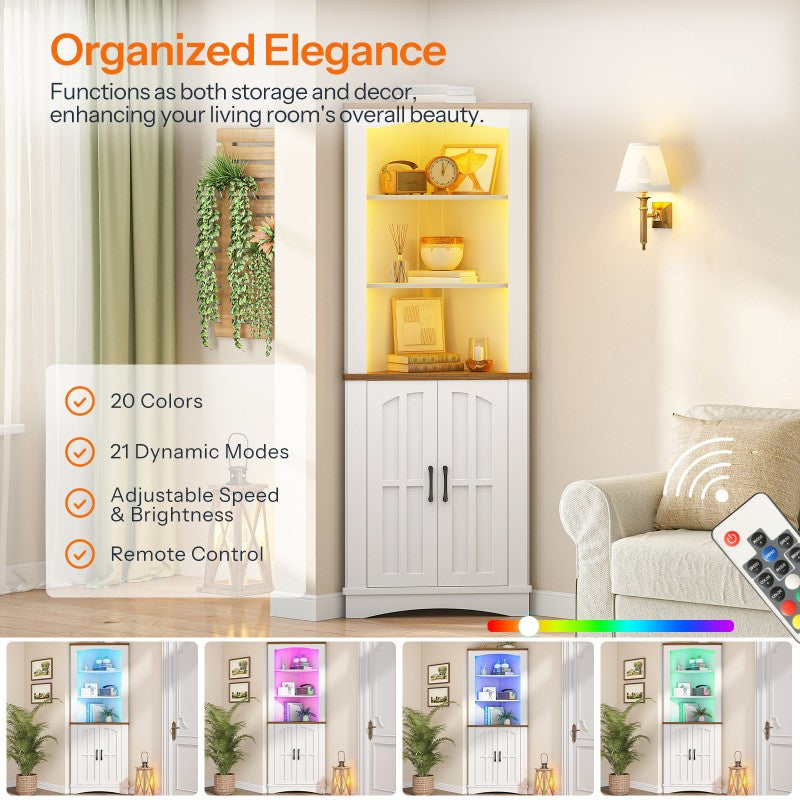 HOOBRO Corner Cabinet with LED Lights, 67" Tall Farmhouse Corner Storage Cabinet with Doors, 5-Tier Corner Shelf Bookcase, Bathroom Hutch, for Living Room, Kitchen