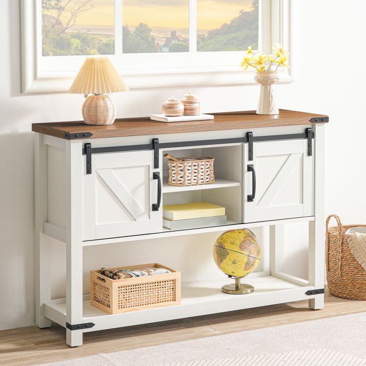 HOOBRO 39.4" Farmhouse Entryway Table with Storage, Narrow Console Table with Open Shelves and 2 Cabinets, Sofa Table with Sliding Barn Doors, for Hallway, Living Room