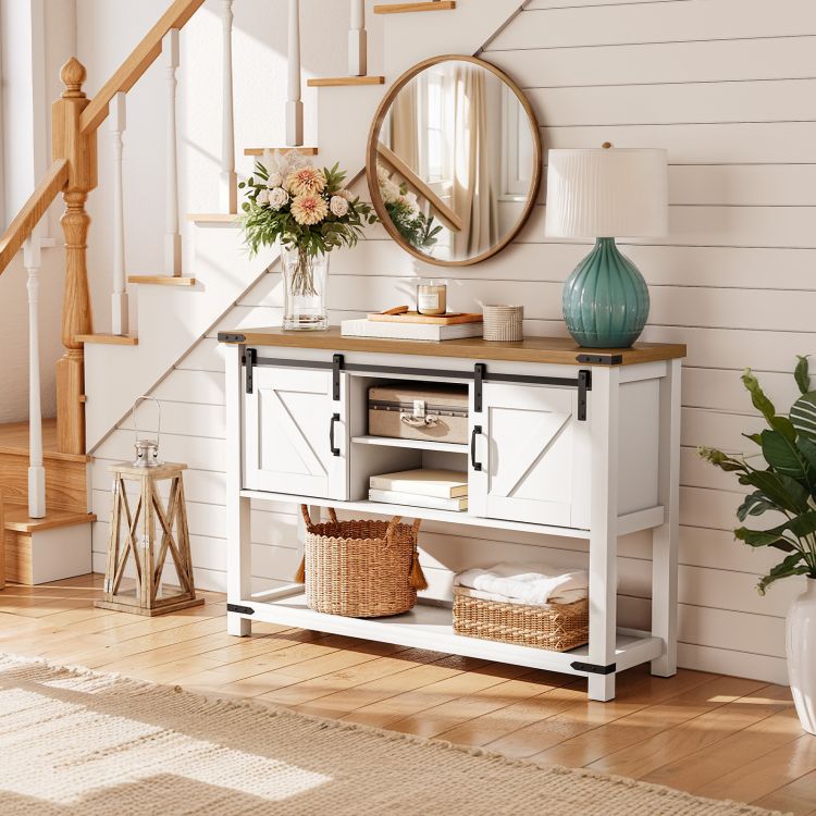 HOOBRO 39.4" Farmhouse Entryway Table with Storage, Narrow Console Table with Open Shelves and 2 Cabinets, Sofa Table with Sliding Barn Doors, for Hallway, Living Room