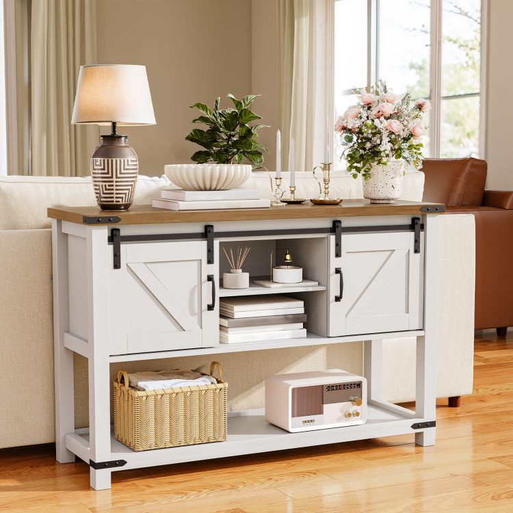 HOOBRO 39.4" Farmhouse Entryway Table with Storage, Narrow Console Table with Open Shelves and 2 Cabinets, Sofa Table with Sliding Barn Doors, for Hallway, Living Room