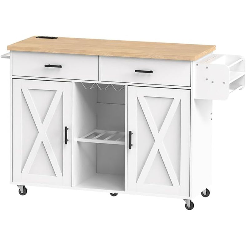 HOOBRO Kitchen Island with Storage, Rolling Kitchen Island Cart on Wheels, Kitchen Island Table with Charging Station, 2 Drawers, Storage Cabinet and Towel Rack