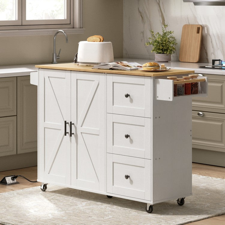 HOOBRO Kitchen Island with Power Outlet, Kitchen Island on Wheels, Rolling Kitchen Island Cart with 3 Drawers, Storage Cabinet and Adjustable Shelf, for Home and Kitchen