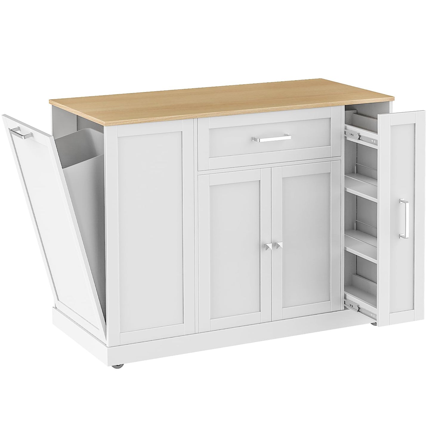 HOOBRO Rolling Kitchen Island with Trash Can Storage & Power Outlet, Kitchen Island Cart with Spice Rack & Drawer, Mobile Island Table for Kitchen