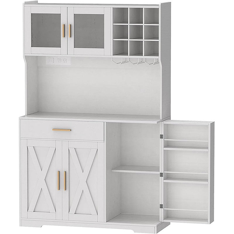 HOOBRO 71" Tall Pantry Cabinet with LED Lights and Charging Station, Kitchen Pantry Cabinet with Microwave Stand, Door Shelf, Cup and Goblet Holders for Kitchen