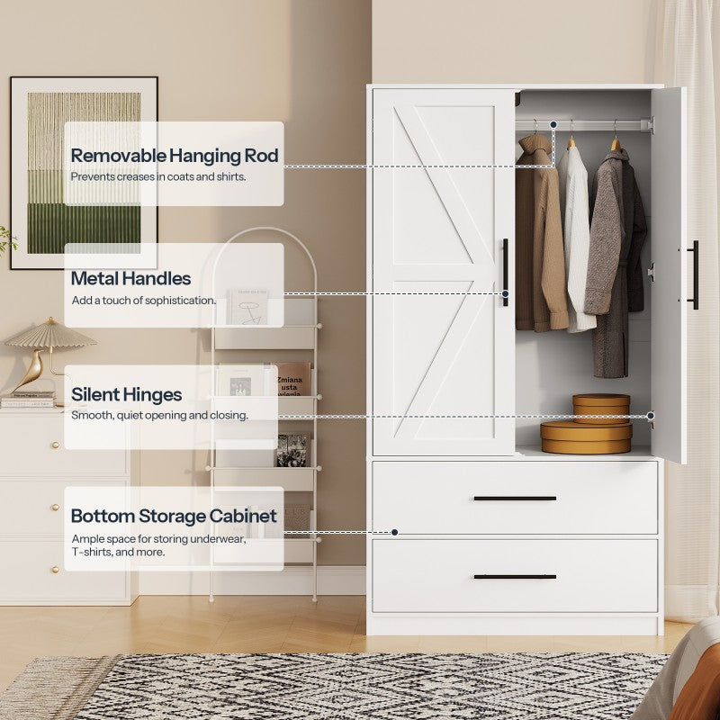 HOOBRO Armoire Wardrobe Closet, Wardrobe Closet with 2 Doors and 2 Drawers, Bedroom Armoire with Hanging Rod, Tall Armoire for Bedroom, Wooden Clothing Storage Cabinet