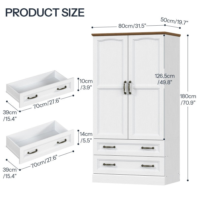 HOOBRO Armoire Wardrobe Closet with 2 Doors and 2 Drawers, 70.9" Tall Bedroom Armoire with Hanging Rod, Farmhouse Wardrobe Closet for Bedroom, Wooden Freestanding Wardrobe Closet
