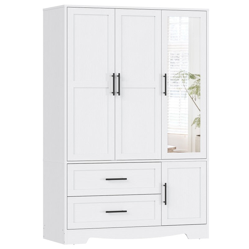 HOOBRO Armoire Wardrobe Closet with Mirror, Wooden Wardrobe Closet with 4 Doors and 2 Drawers, 70.9" Bedroom Armoire with Hanging Rod for Bedroom, Clothing Storage Closet, Adjustable Shelves