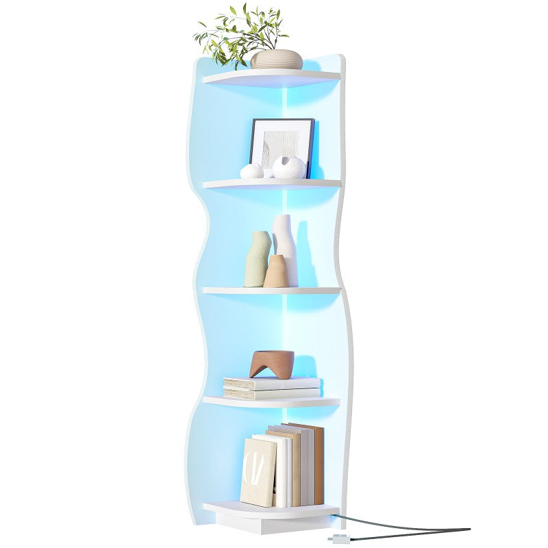 HOOBRO Corner Shelf with Light, 5-Tier Modern Wall Corner Bookshelf, Stylish Display Bookcase,Wooden Open Book Shelf Storage Rack for Small Spaces, Living Room, Home Office