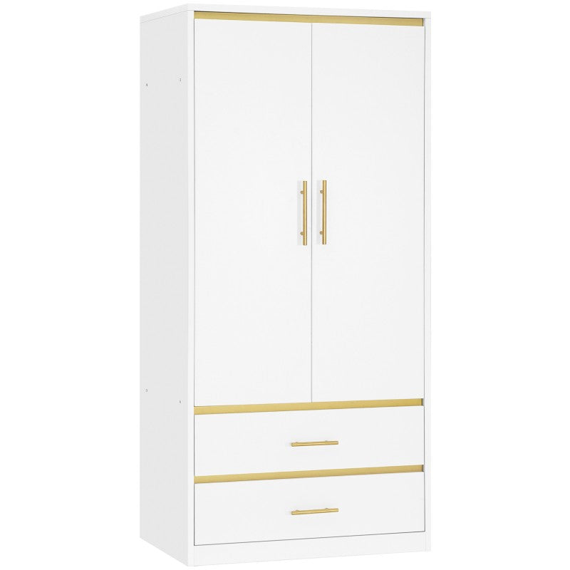 White Armoire Wardrobe Closet with Hanging Rod and 2 Drawers