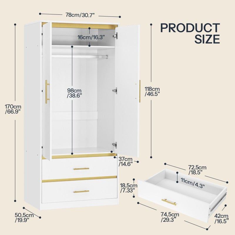 White Armoire Wardrobe Closet with Hanging Rod and 2 Drawers