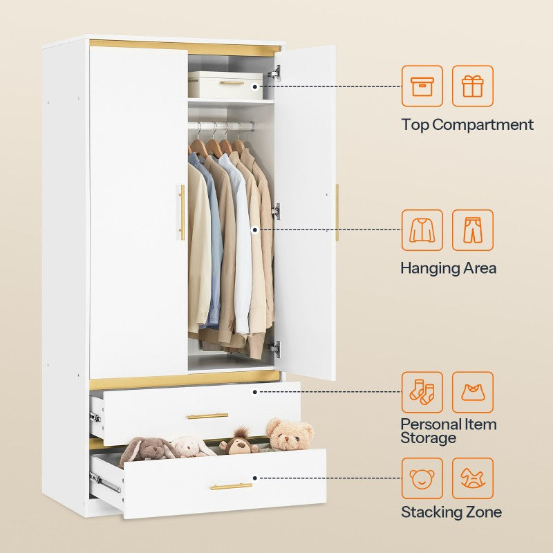 White Armoire Wardrobe Closet with Hanging Rod and 2 Drawers