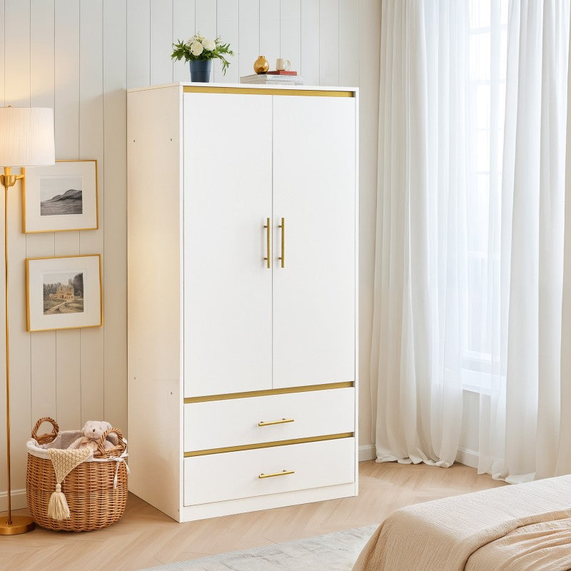 White Armoire Wardrobe Closet with Hanging Rod and 2 Drawers