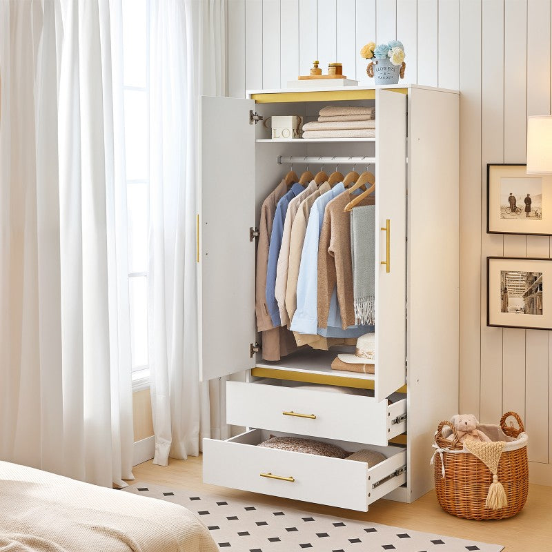 White Armoire Wardrobe Closet with Hanging Rod and 2 Drawers