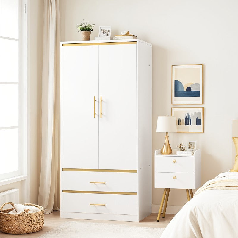 White Armoire Wardrobe Closet with Hanging Rod and 2 Drawers
