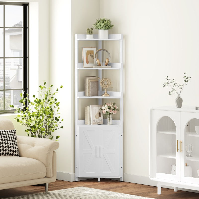 HOOBRO Corner Shelf with Storage, Tall Corner Cabinet, 5-Tier Bookshelf Stand, Storage Cabinet with Protective Fence, for Living Room