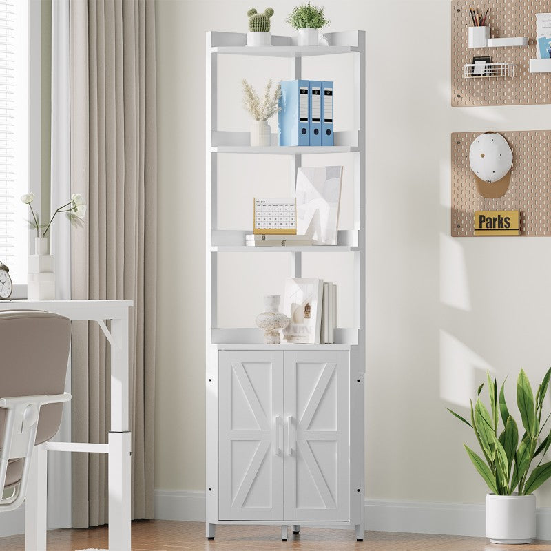 HOOBRO Corner Shelf with Storage, Tall Corner Cabinet, 5-Tier Bookshelf Stand, Storage Cabinet with Protective Fence, for Living Room