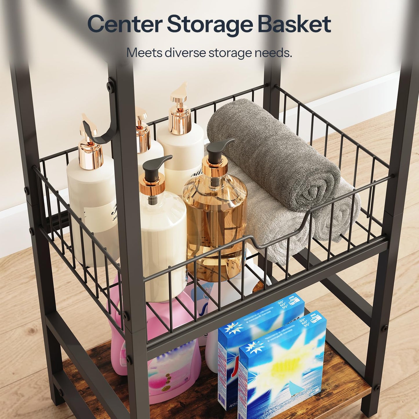 Center iron wire storage basket filled with shampoo bottles, lotions, and rolled hand towels.