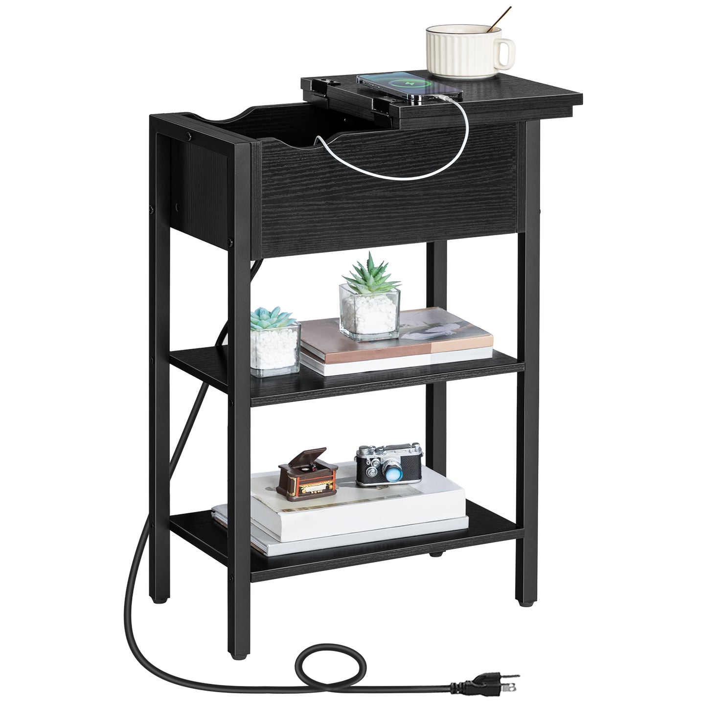 HOOBRO Flip-Up Side Table with Charging Station