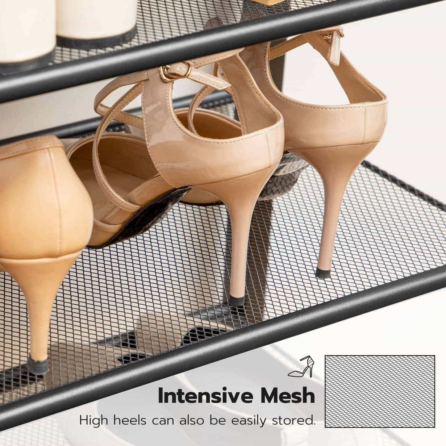 Beige high-heeled shoes on a shoe rack with 'Intensive Mesh' feature highlighted.