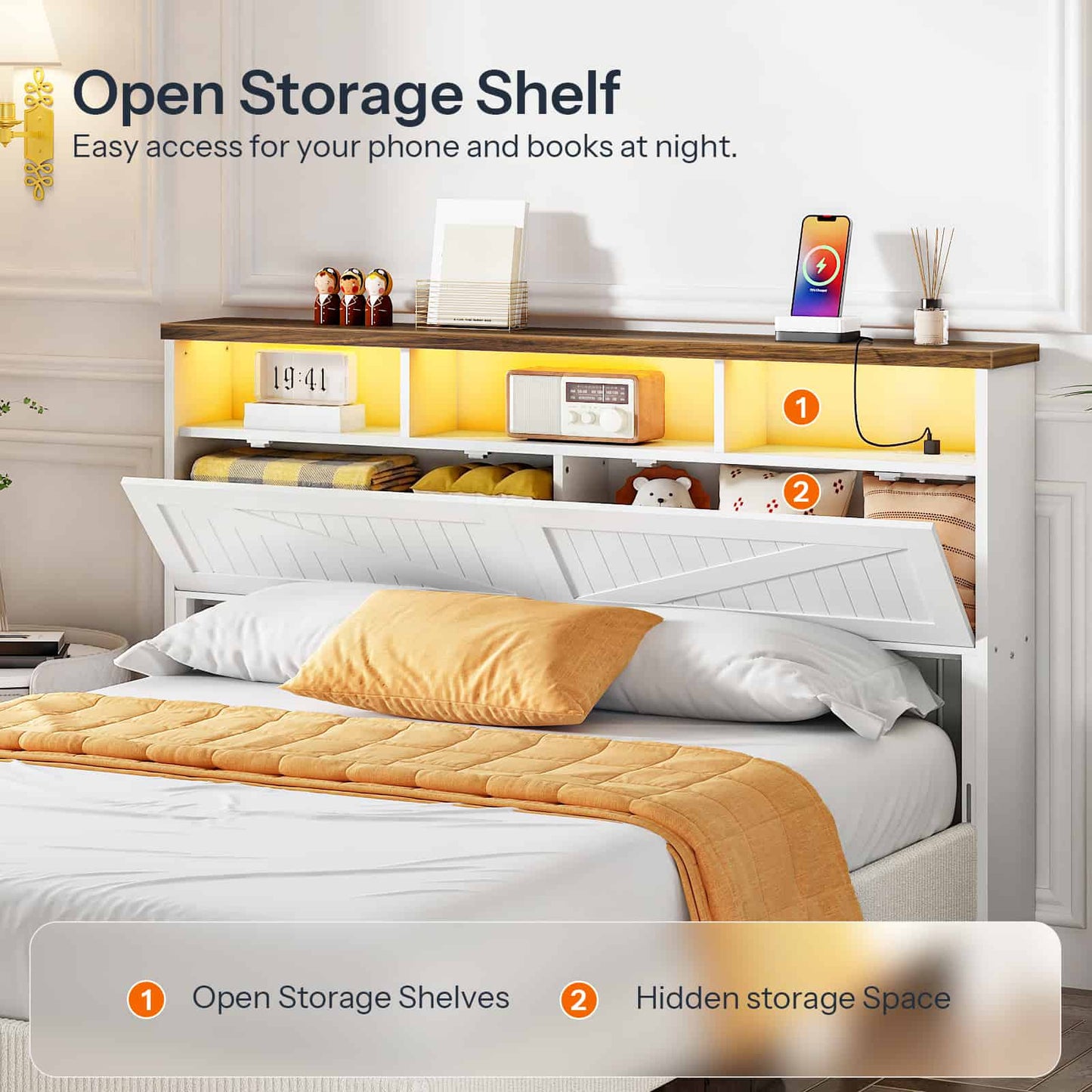 Detail infographic demonstrating the open storage shelves and the convenient drop-down storage cabinet door for hidden pillows.