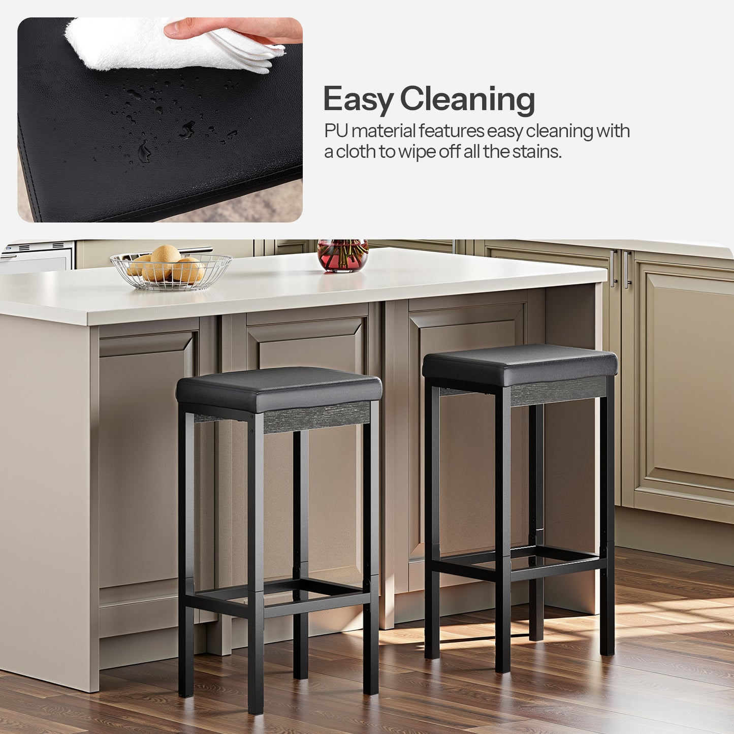A hand wiping water spills easily from the waterproof PU leather bar stool seat cover.