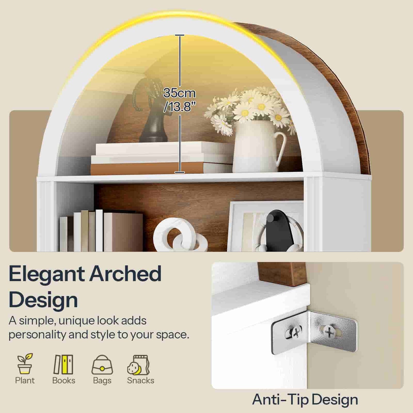 Close-up of the elegant arched top silhouette highlighting the sleek white finish and secure anti-tip wall installation.