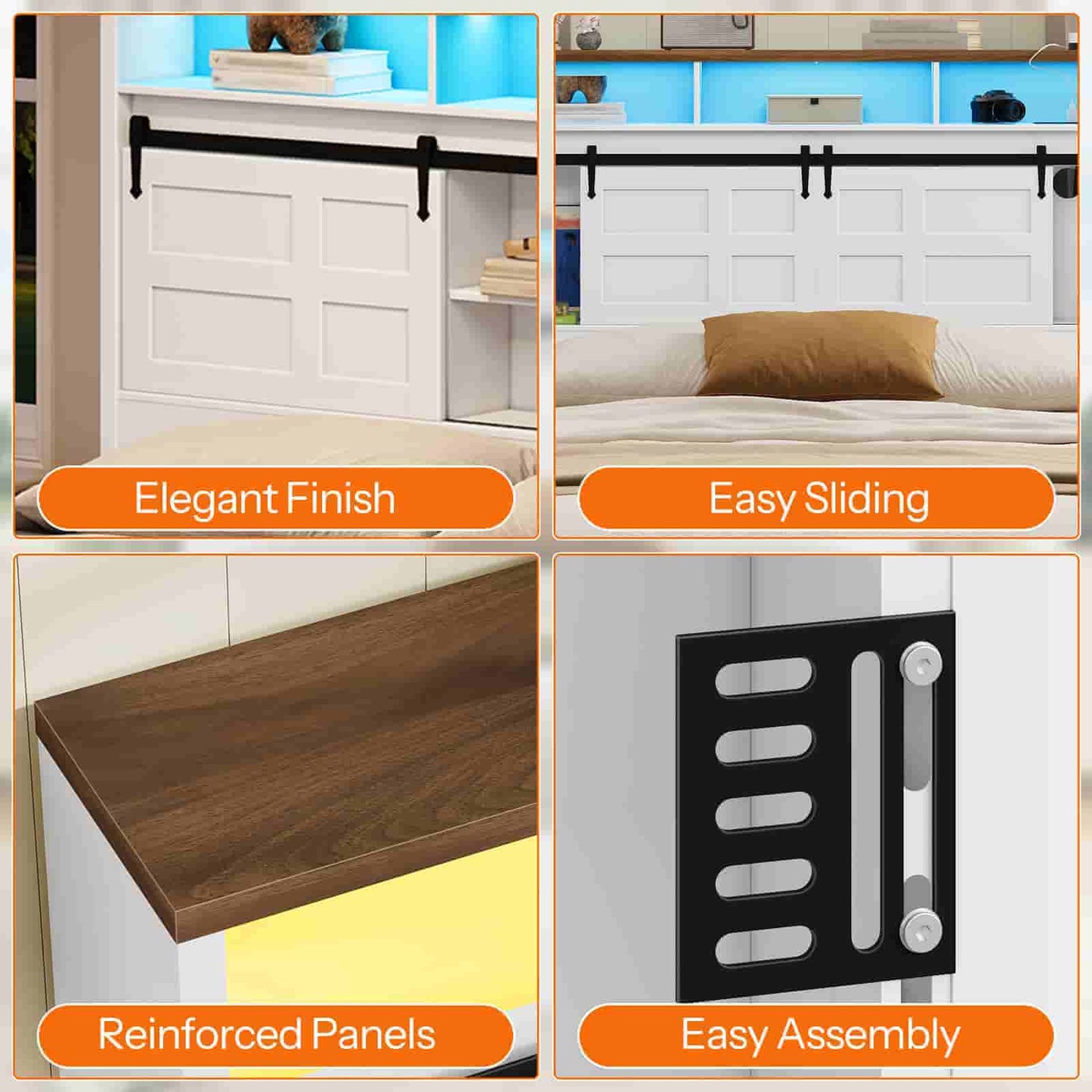 Multi-panel detail view highlighting the sleek rustic finish, smooth sliding barn door tracks, and easy assembly parts.