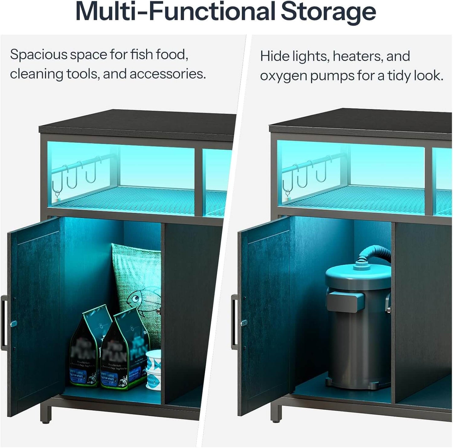 Multi-functional storage unit with open doors showing fish food, cleaning tools, and accessories.
