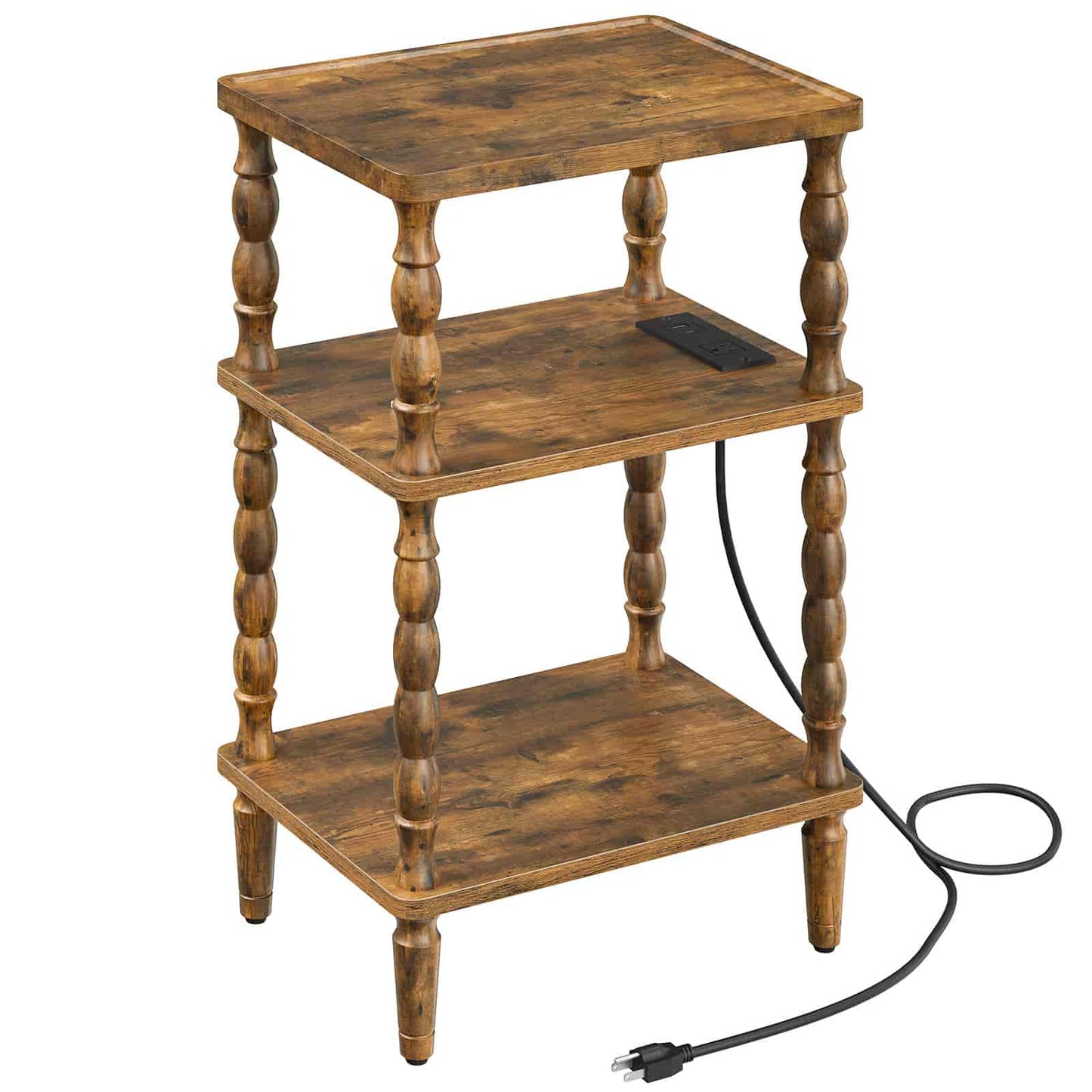 Front angled studio view of the freestanding rustic 3-tier telephone stand showing the built-in charging panel and power cord.