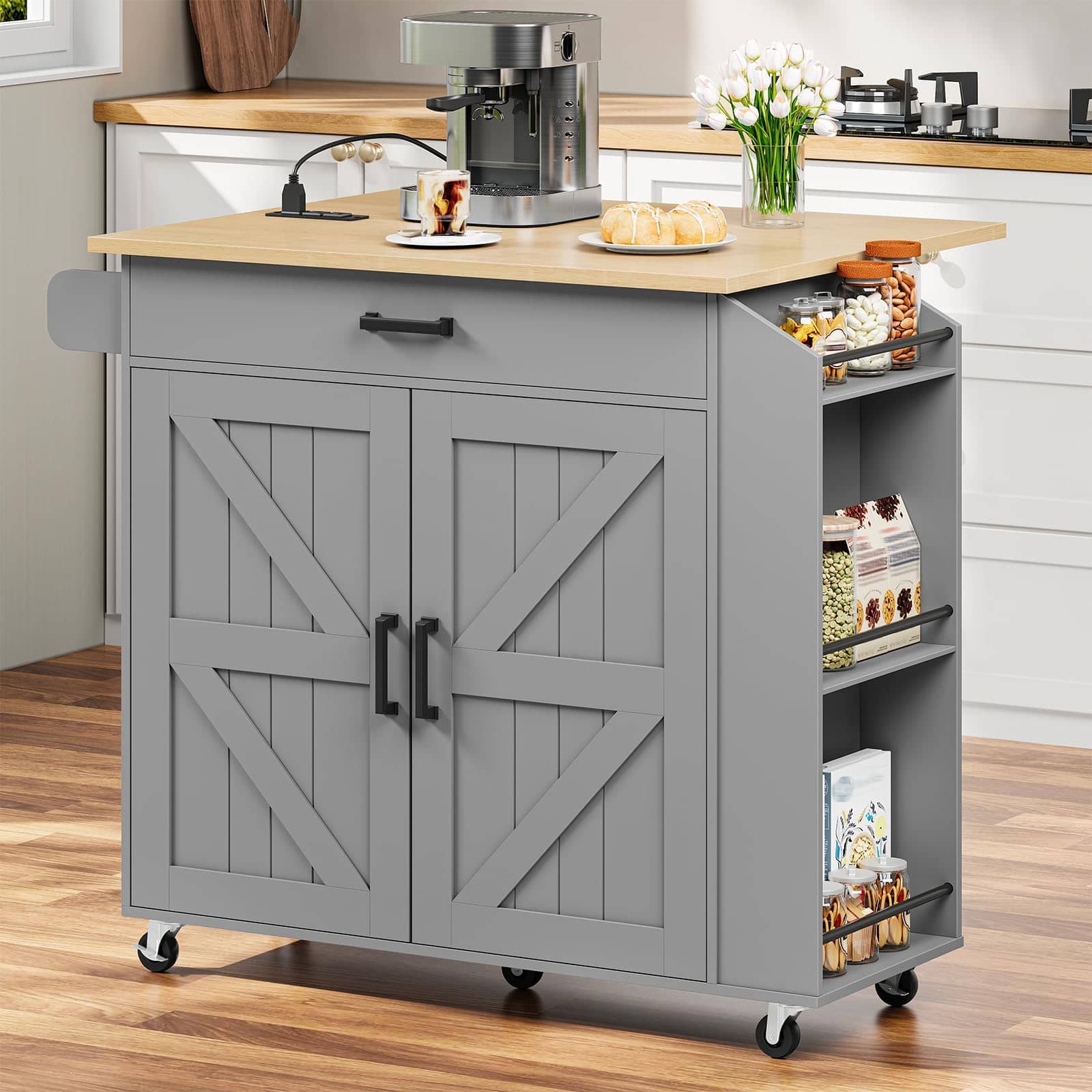 Grey Kitchen Island Cart with Drop Leaf & Outlets | HOOBRO – HOOBRO US