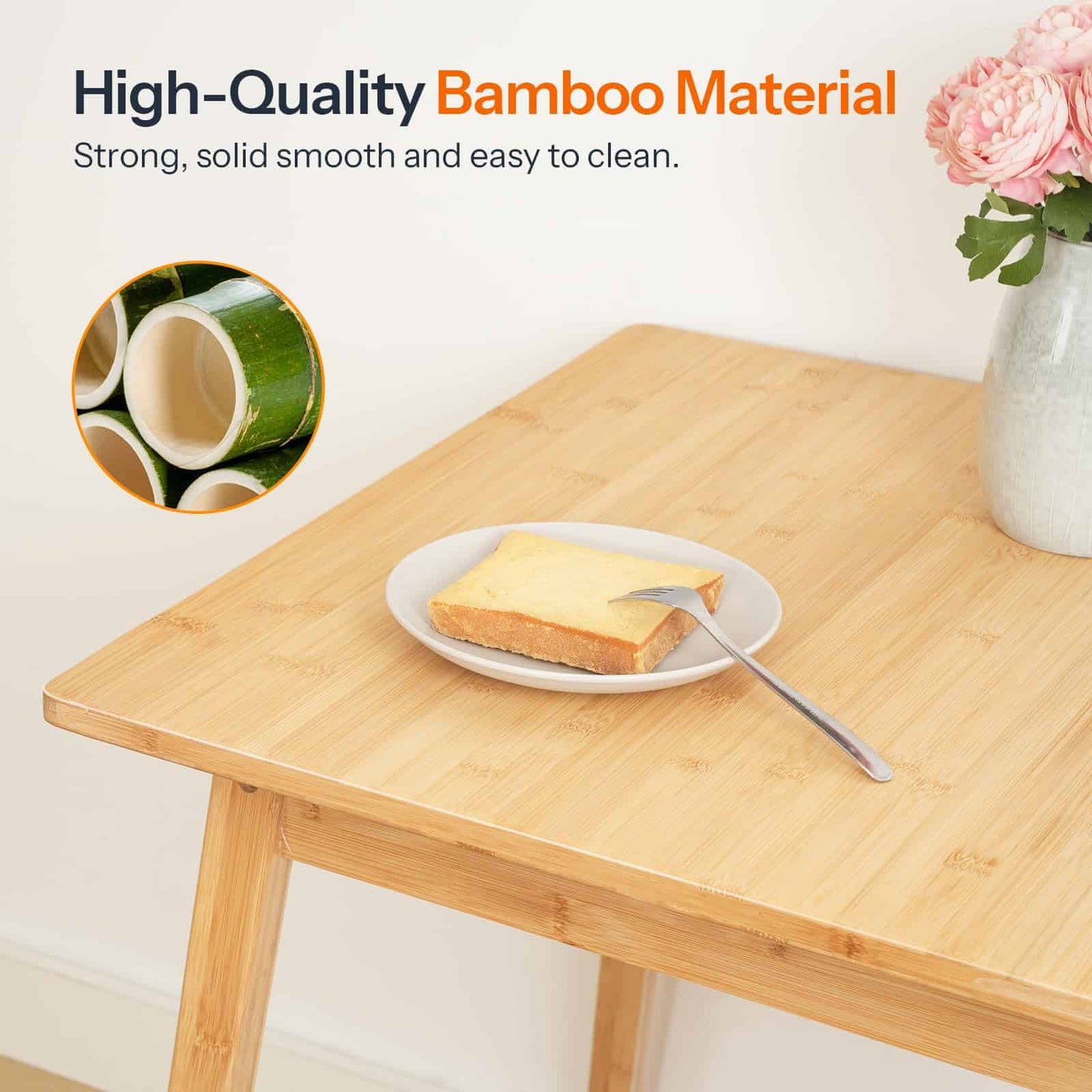 Close-up of the waterproof, easy-to-clean tabletop showcasing the elegant natural bamboo wood texture.