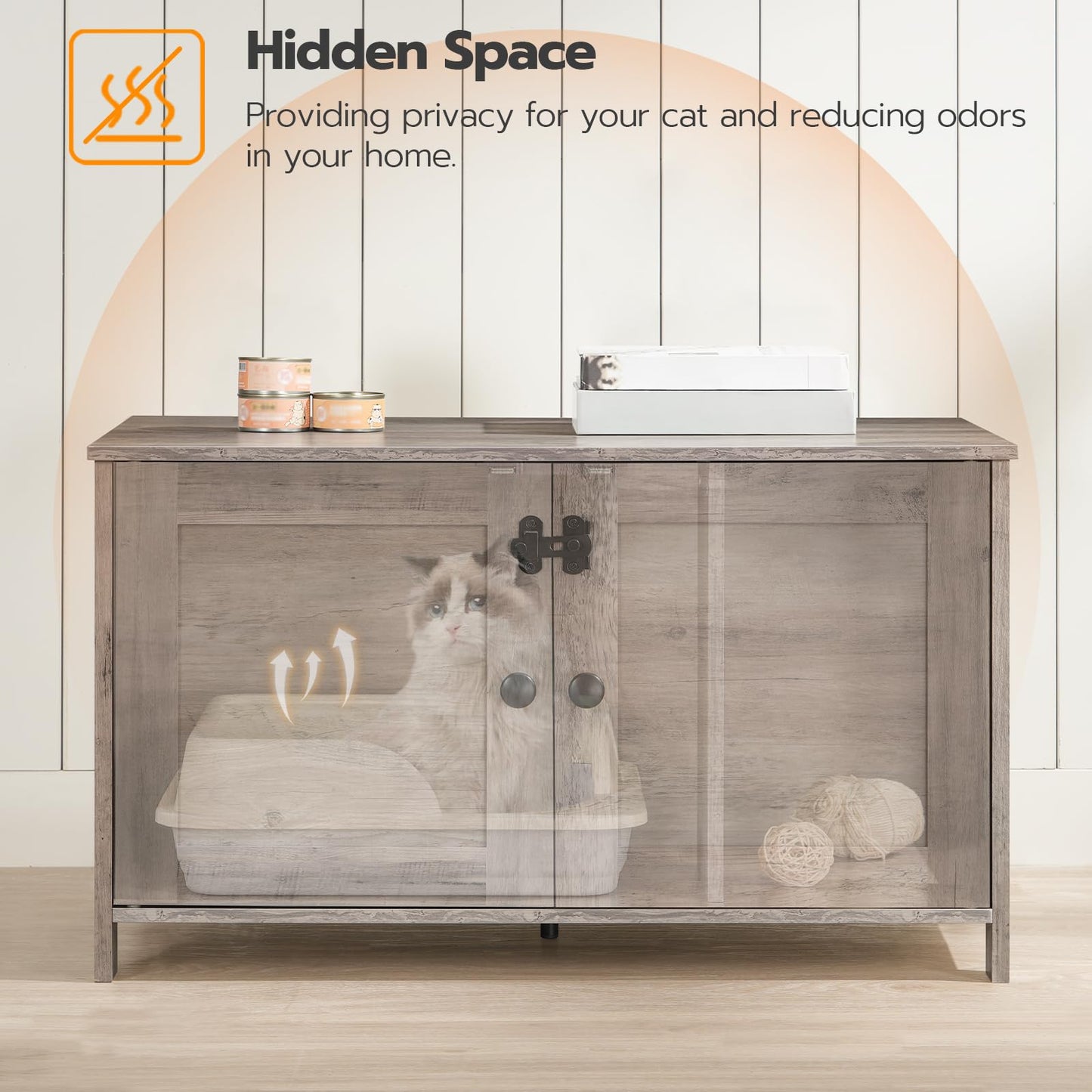 Wooden cabinet with a pet door, featuring a cat inside, on a light wooden floor.