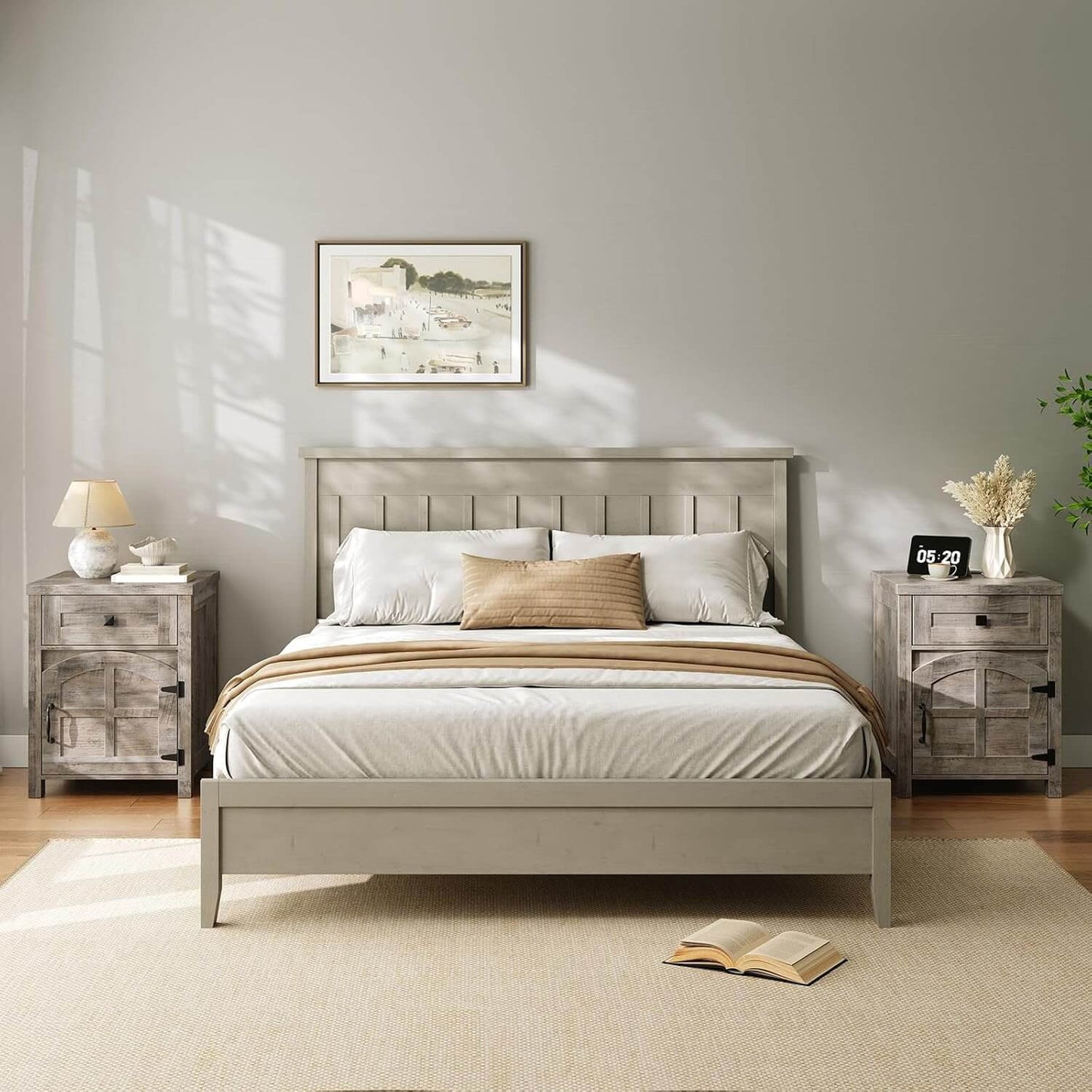 Neatly made bed with wooden headboard in a bedroom setting.