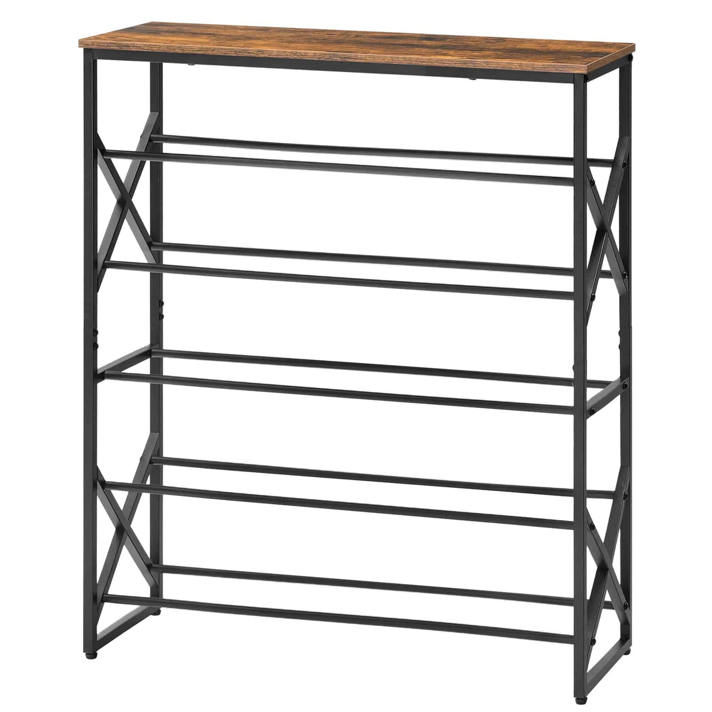 Studio clean white background shot of the empty 5-tier industrial shoe rack with a rustic brown top and black frame.