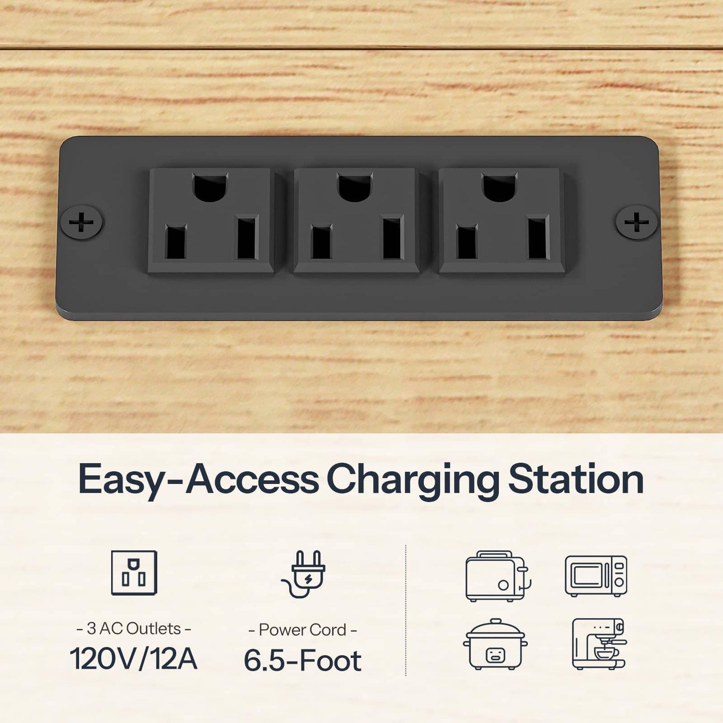 Black three-outlet charging station on a wooden surface with text indicating its features.