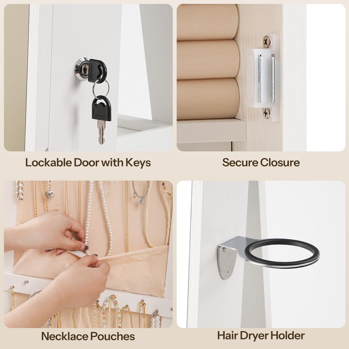 Collage of a lockable door with keys, secure closure, necklace pouches, and a hair dryer holder.
