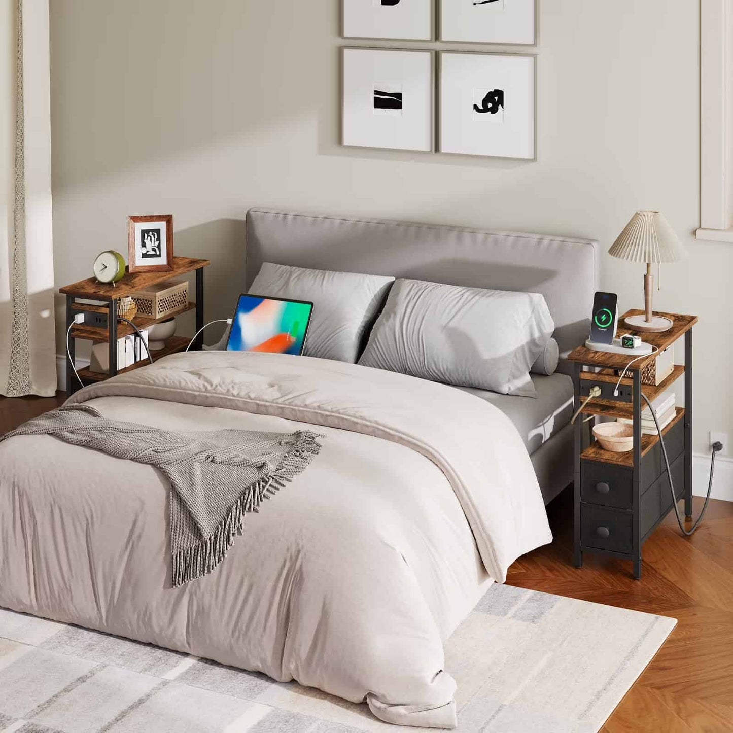 Beautifully decorated bedroom showing matching narrow storage nightstands placed on both sides of a queen bed.
