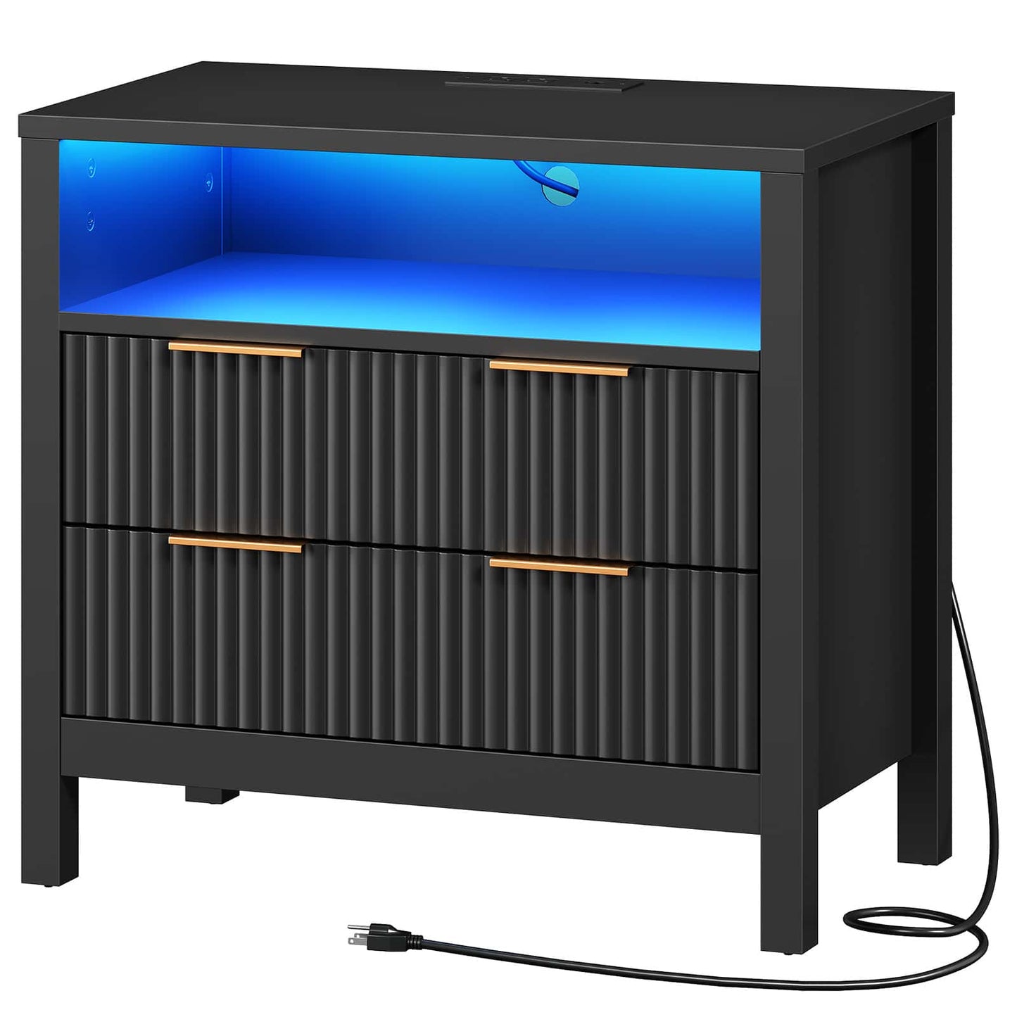 Black cabinet with blue LED light on a white background