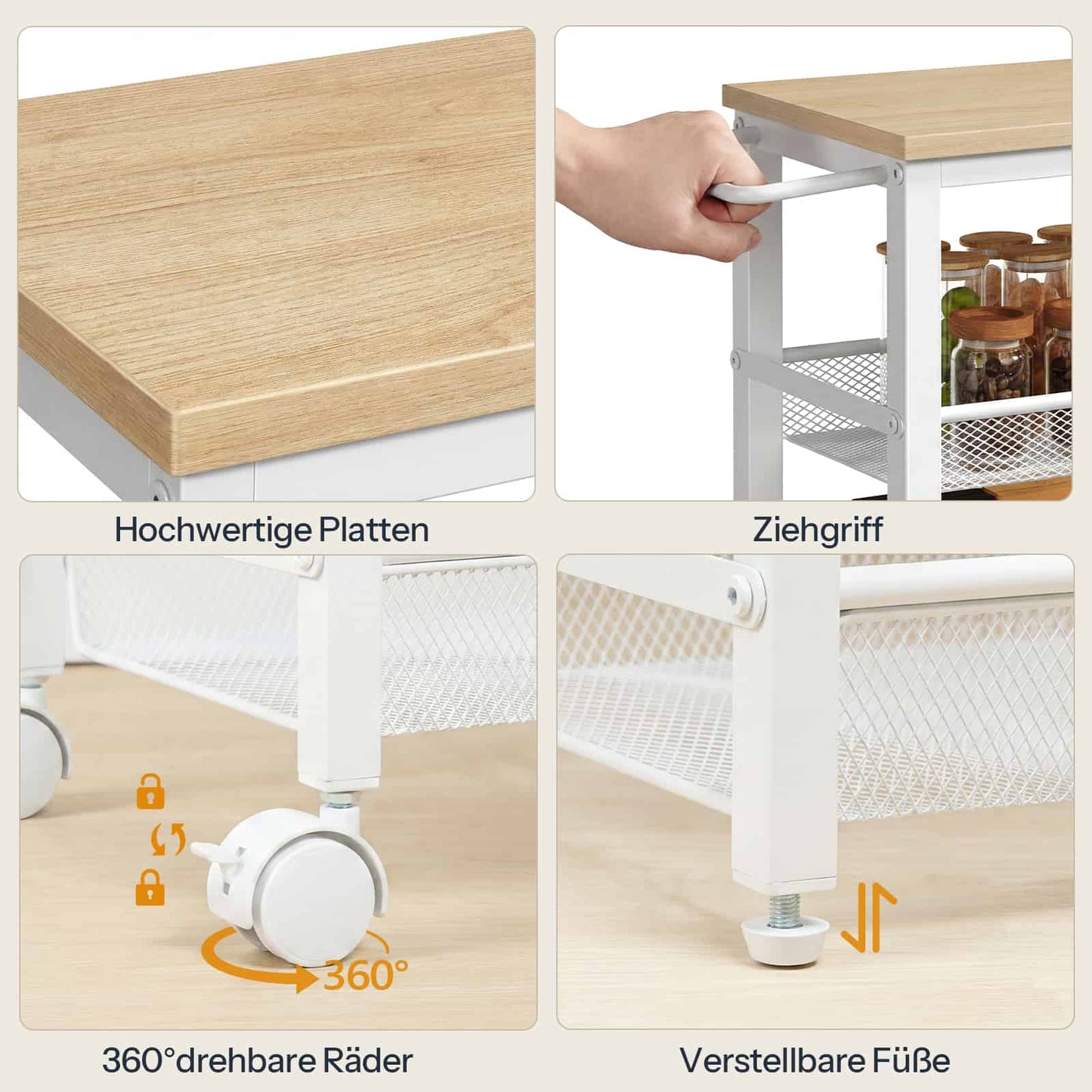 Collage image showing detailed features including the wooden top, pushing handle, rolling casters, and stationary feet.