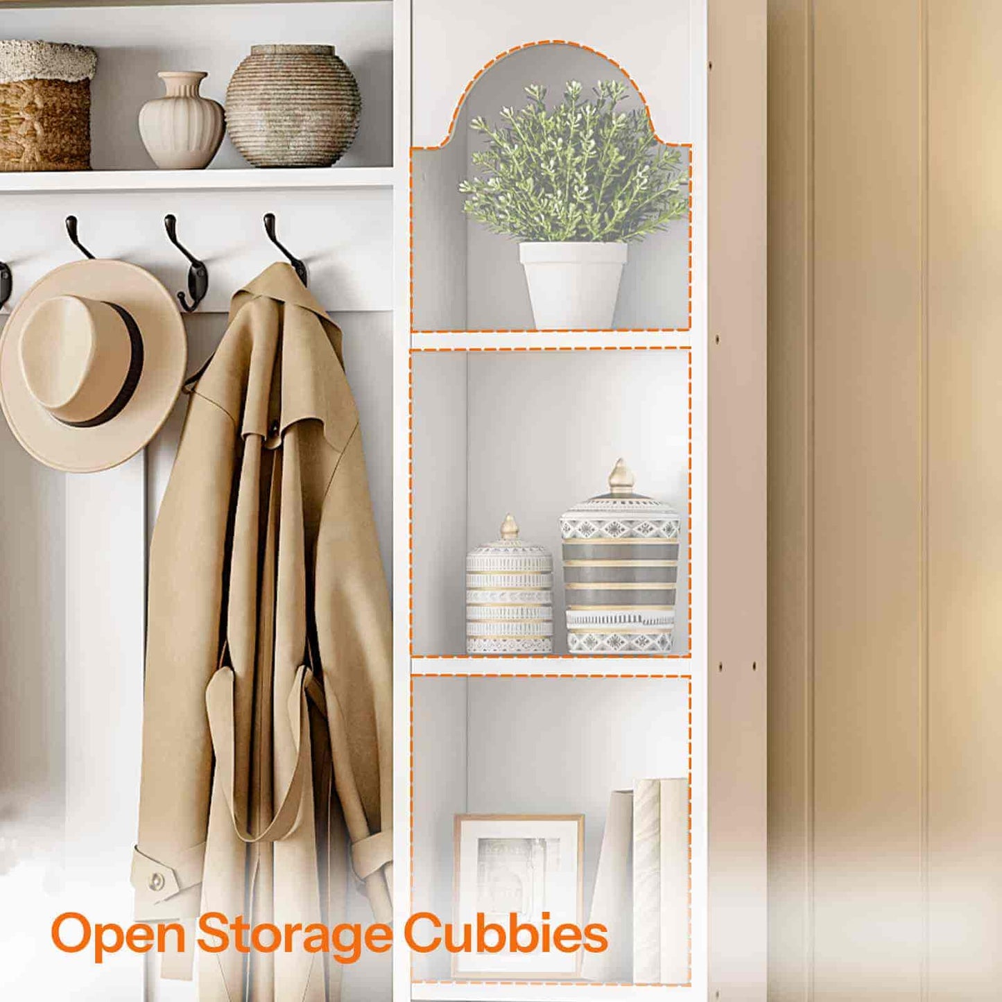 Close-up shot highlighting the upper open storage cubbies and elegant arched bookshelf design holding green plants and jars.