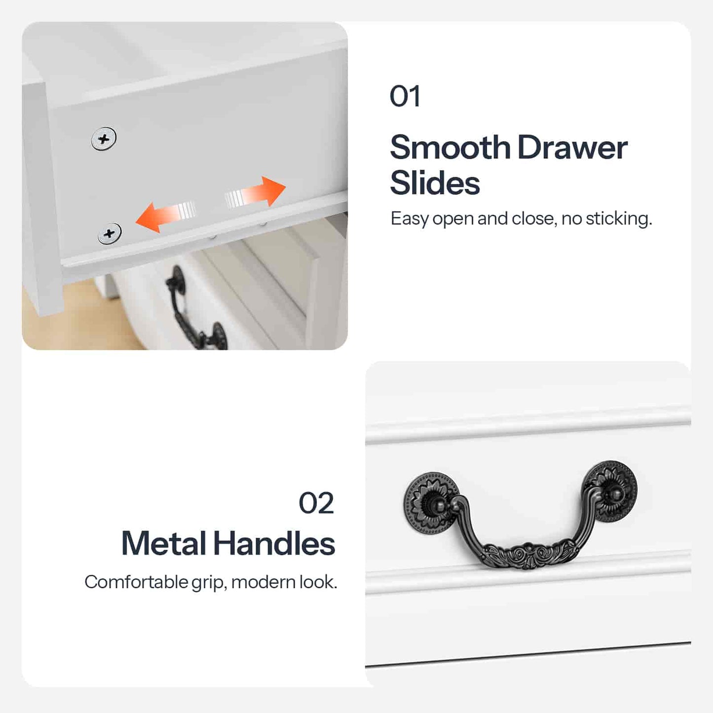 Product features including smooth drawer slides and metal handles on a white background.