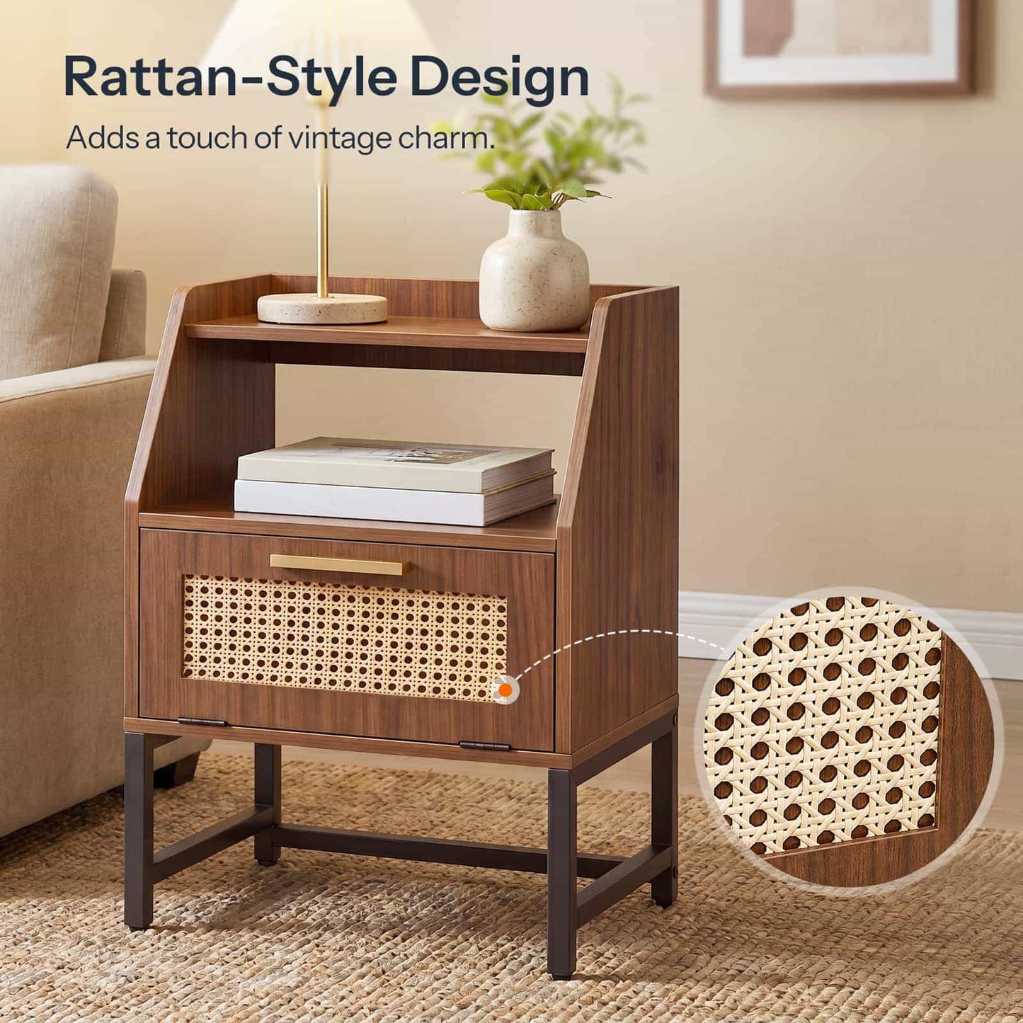 Close-up showcasing the exquisite texture of the rattan-style weave door panel and gold handle.